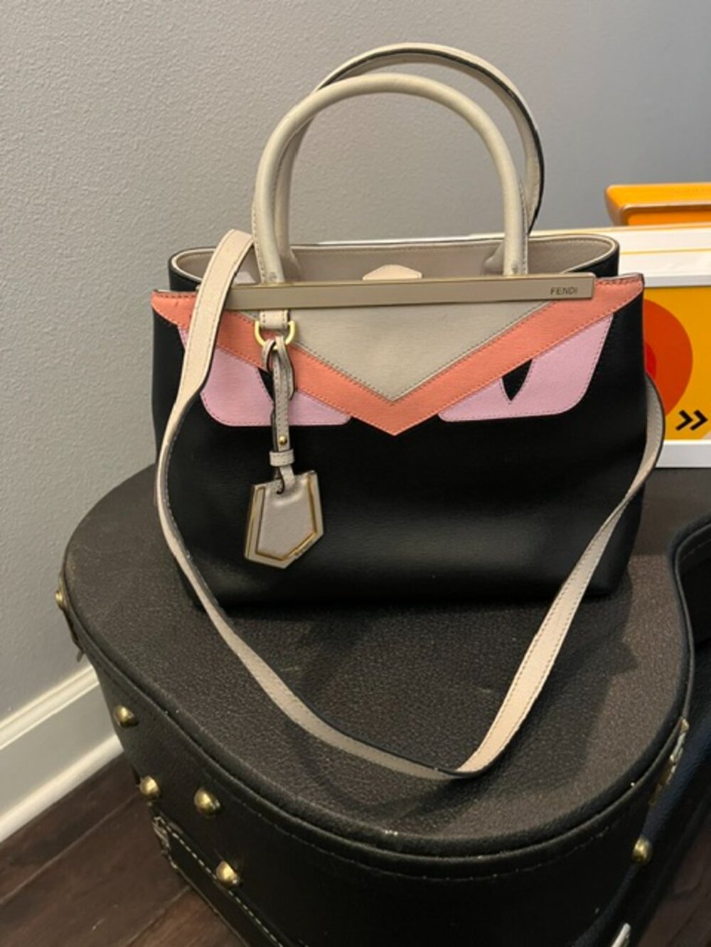 Fendi Monster Petite 2Jours Leather Satchel Crossbody Black Pink Gray